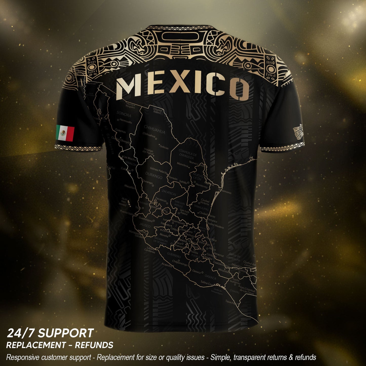 Mexico Black Heritage Map Soccer Jersey with Golden Aztec Details