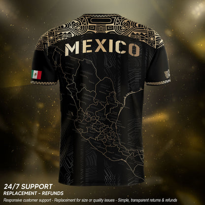 Mexico Black Heritage Map Soccer Jersey with Golden Aztec Details