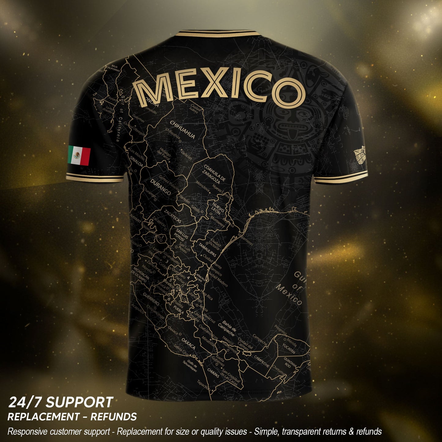 Mexico Black Heritage Map Soccer Jersey with Golden Aztec Accents