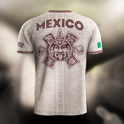 Mexico White Soccer Jersey Aztec Sun Stone Eagle Design