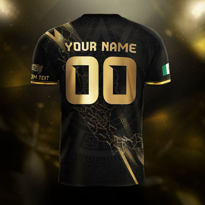 Custom Mexico Black Gold Soccer Jersey with Heritage Map Stripe Design