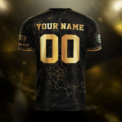 Custom Mexico Black Gold Soccer Jersey with Heritage Map and Aztec Pattern