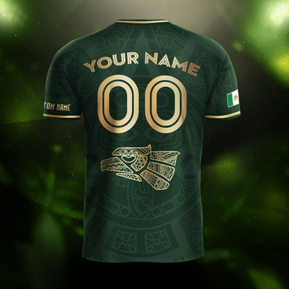 Custom Mexico Soccer Jersey Green Gold Aztec Calendar Design