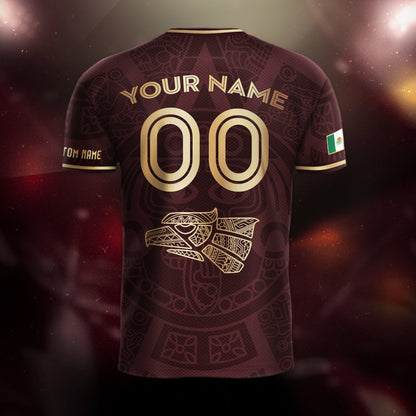 Custom Mexico Soccer Jersey Maroon Gold Aztec Calendar Design