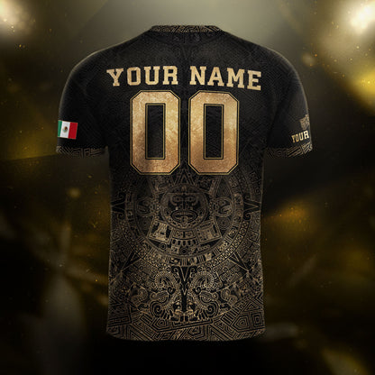 Custom Mexico Soccer Jersey Black Gold Aztec Calendar Heritage Design