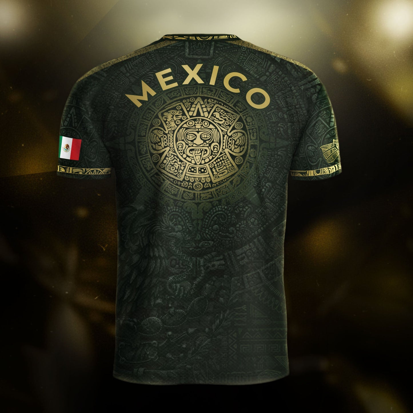 Mexico Dark Green Gold Aztec Calendar Sun God Heritage National Soccer Jersey