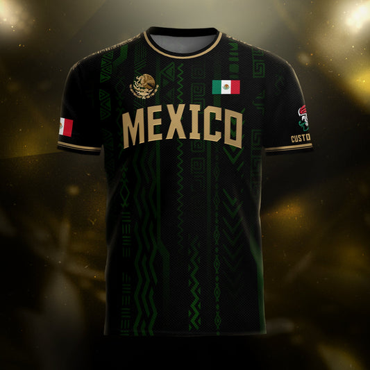 Custom Mexico Soccer Jersey Black Gold Aztec Pattern