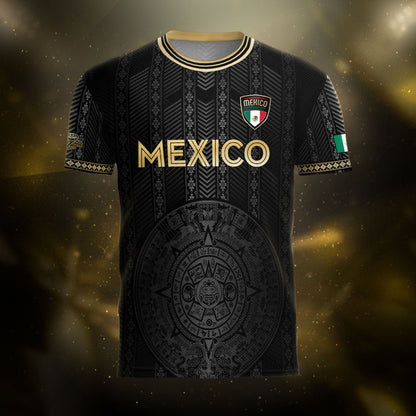 Mexico Soccer Jersey Black Gold Aztec Calendar Design