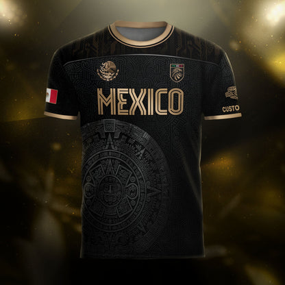 Custom Mexico Black Aztec Calendar Gold Edition Soccer Jersey