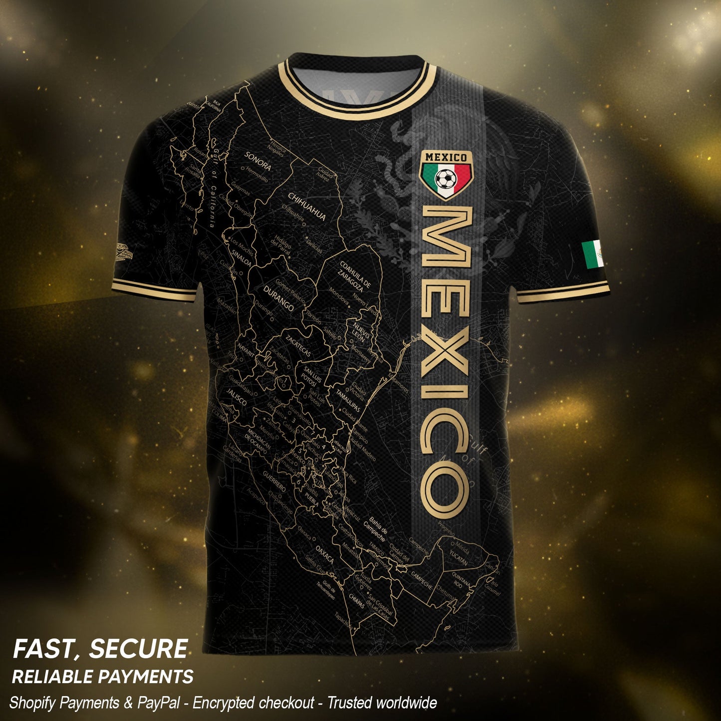 Mexico Black Heritage Map Soccer Jersey with Golden Aztec Accents