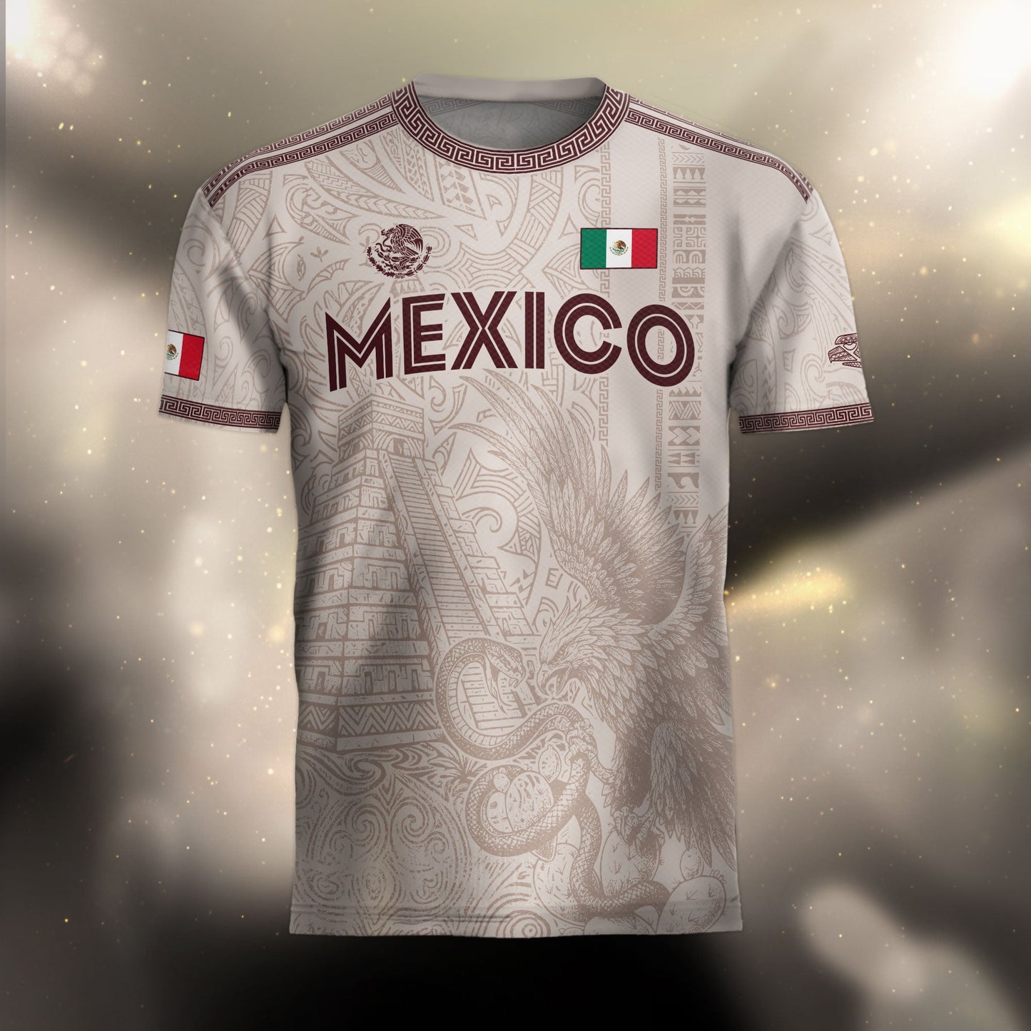 Mexico White Soccer Jersey Aztec Sun Stone Eagle Design