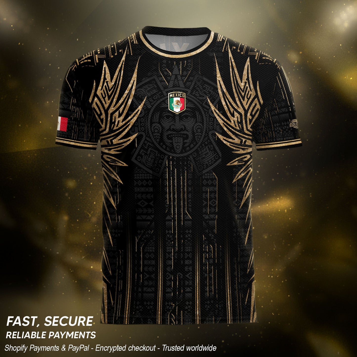 Mexico Soccer Jersey Black Aztec Warrior Gold Feather Design