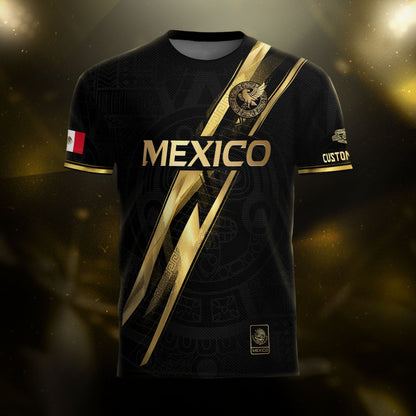 Custom Mexico Black Gold Soccer Jersey with Heritage Map Stripe Design
