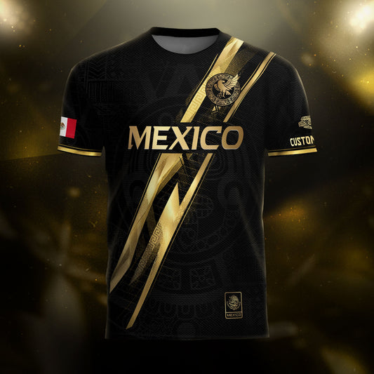Custom Mexico Black Gold Soccer Jersey with Heritage Map Stripe Design