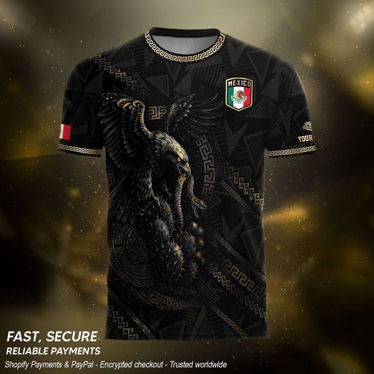 Custom Mexico Black Gold Eagle and Serpent Aztec Heritage Soccer Jersey
