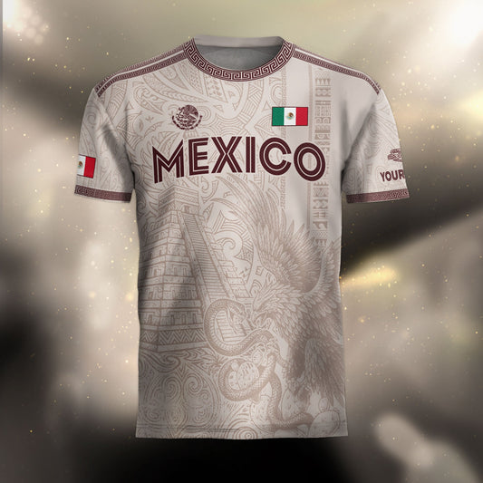 Custom Mexico Beige Aztec Eagle Pyramid Heritage Soccer Jersey