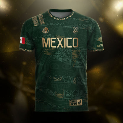 Custom Mexico Green Gold Aztec Pattern Soccer Jersey