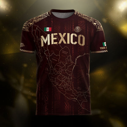 Custom Mexico Burgundy Soccer Jersey with Golden Aztec Map Design