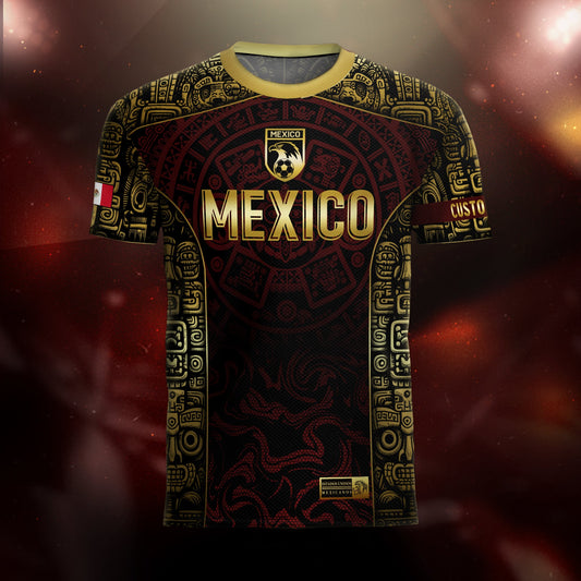 Custom Mexico Jersey Black Red Gold Aztec Calendar Design