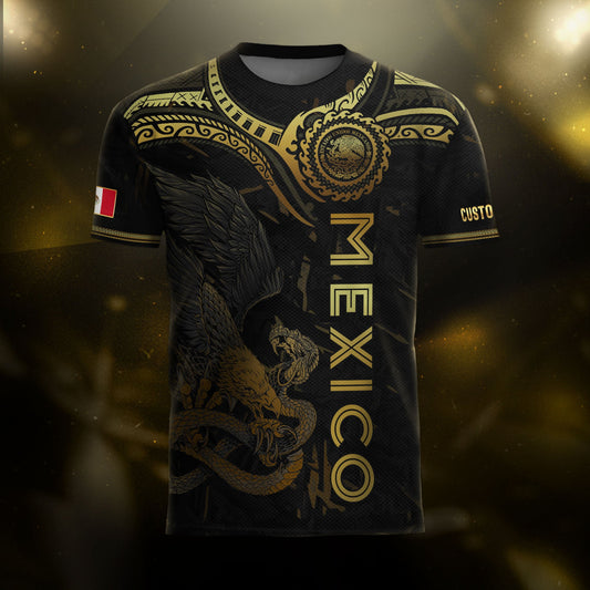 Custom Mexico Jersey Black Gold Eagle Serpent Aztec Design