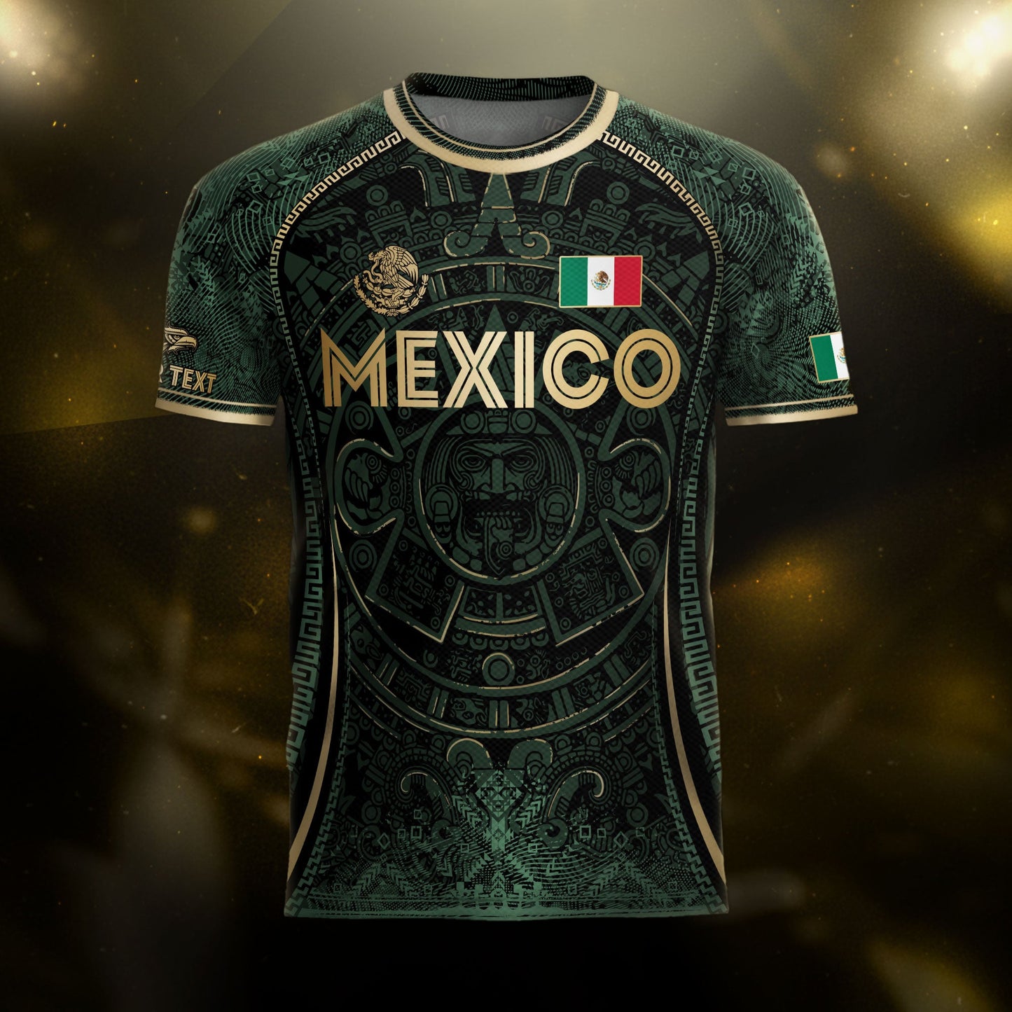 Custom Mexico Soccer Jersey Green Gold Aztec Calendar Heritage Design