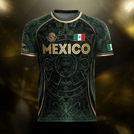 Custom Mexico Soccer Jersey Green Gold Aztec Calendar Heritage Design