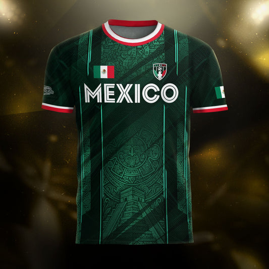 Mexico Soccer Jersey Green Aztec Calendar National Emblem Design