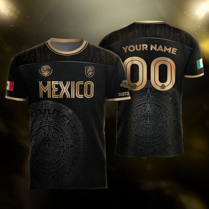 Custom Mexico Black Aztec Calendar Gold Edition Soccer Jersey