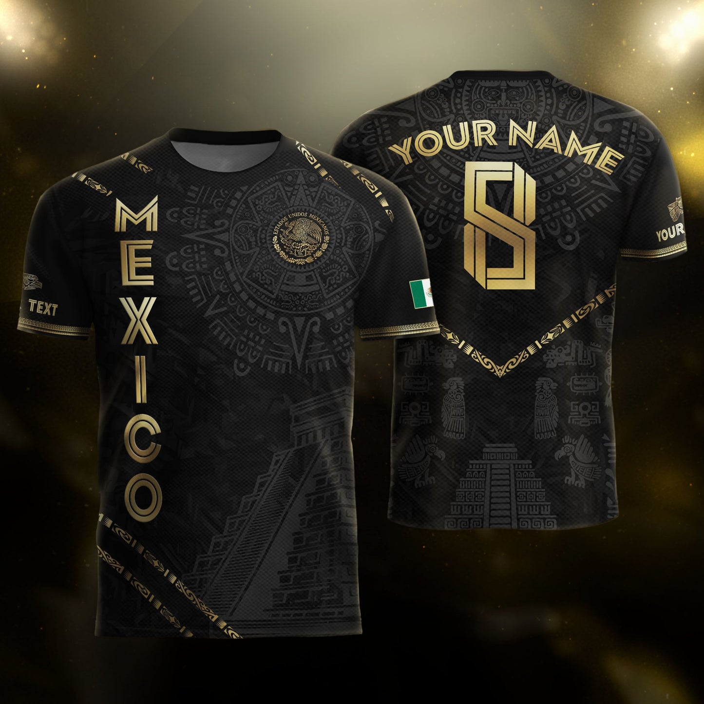 Custom Mexico Black Gold Aztec Calendar Pyramid Design Soccer Jersey