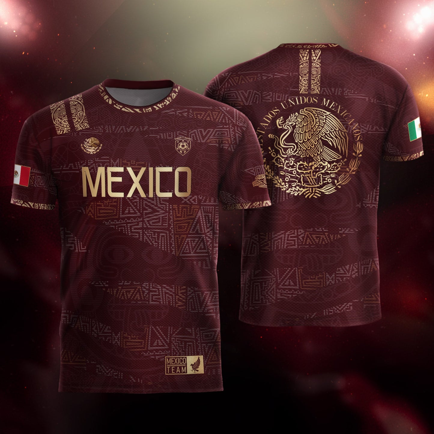 Mexico Soccer Jersey Burgundy Gold Aztec Heritage Eagle Crest (Bundle)