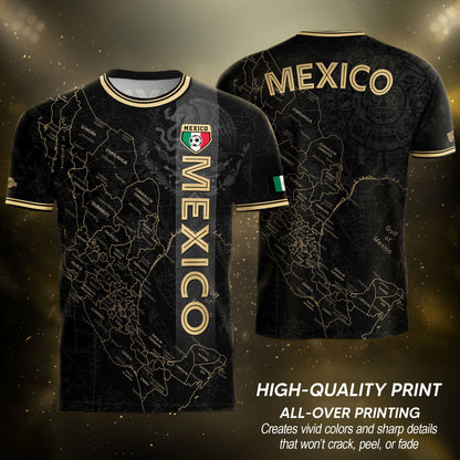 Mexico Black Heritage Map Soccer Jersey with Golden Aztec Accents