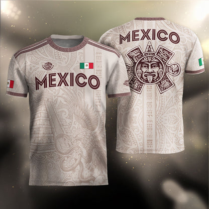 Mexico White Soccer Jersey Aztec Sun Stone Eagle Design