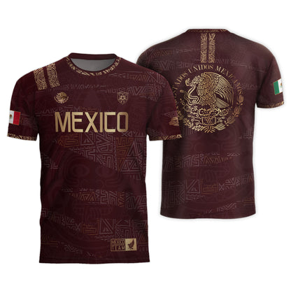 Mexico Soccer Jersey Burgundy Gold Aztec Heritage Eagle Crest (Bundle)