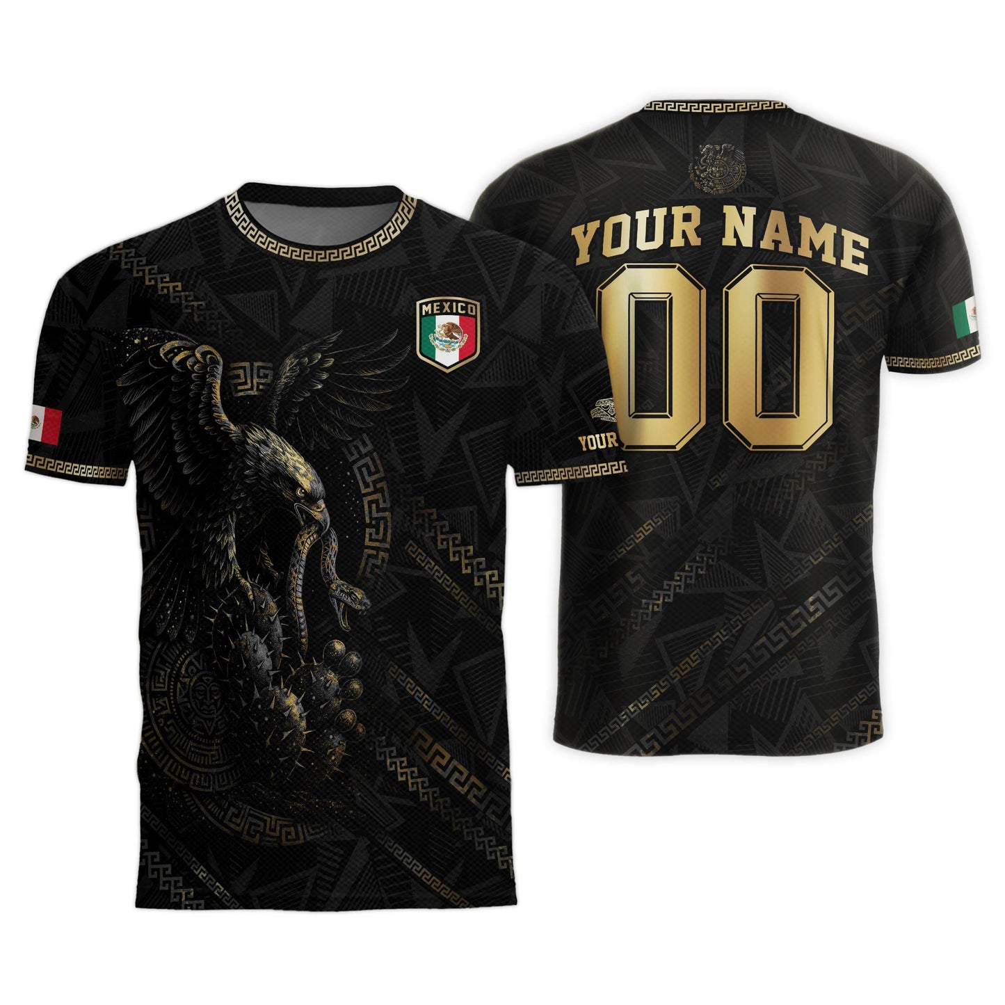 Custom Mexico Black Gold Eagle and Serpent Aztec Heritage Soccer Jersey