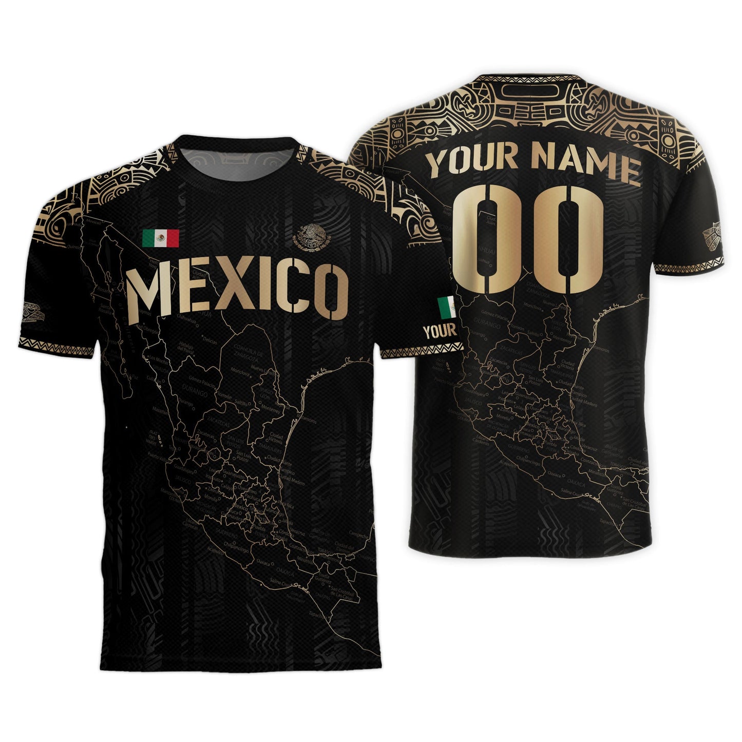 Custom Mexico Black Gold Soccer Jersey with Heritage Map and Aztec Details