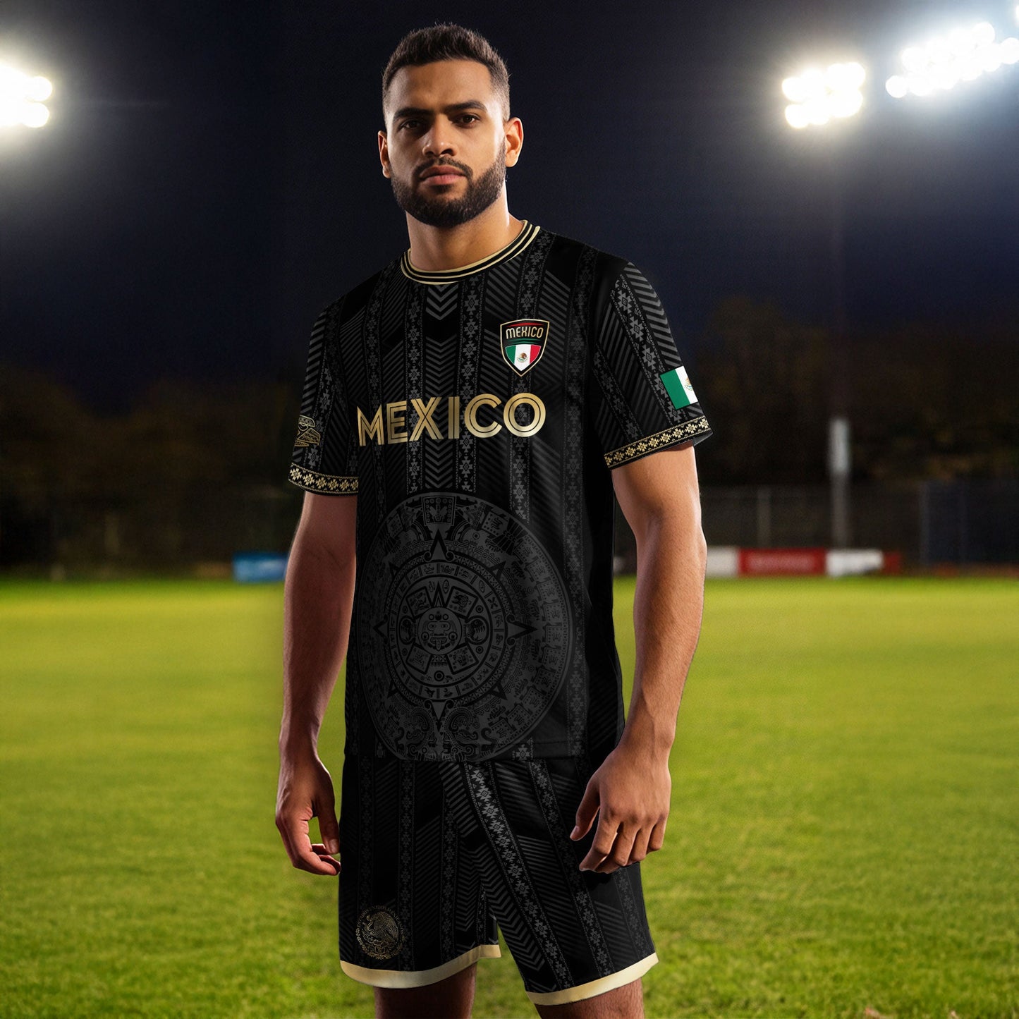 Mexico Soccer Jersey Black Gold Aztec Calendar Design