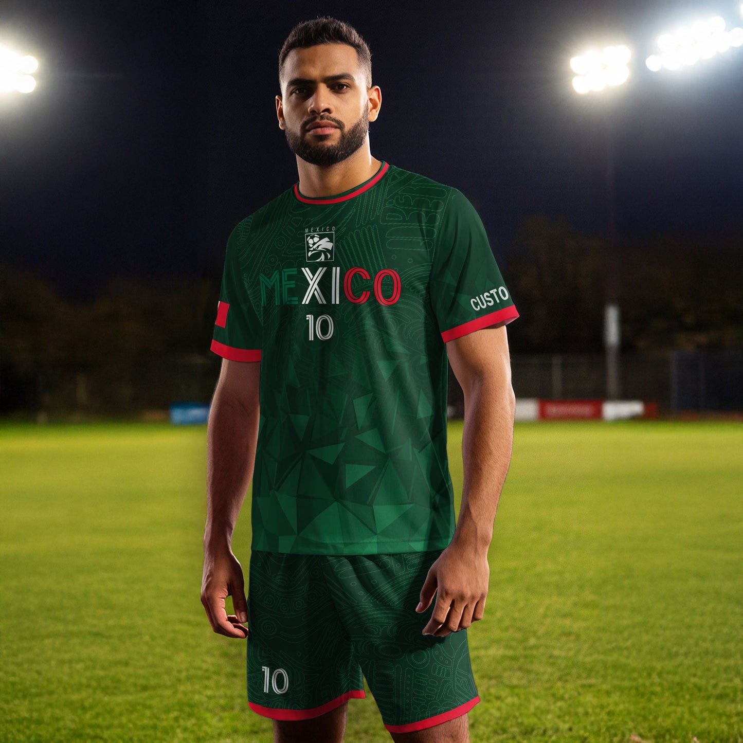 Custom Soccer Jersey Mexico Green Geometric Aztec Design
