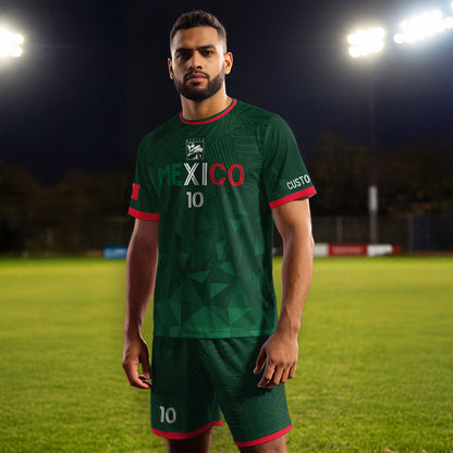 Custom Soccer Jersey Mexico Green Geometric Aztec Design