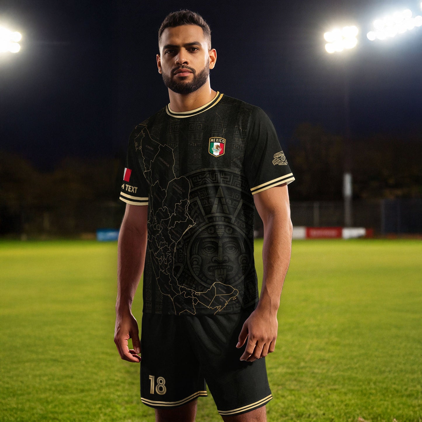 Custom Mexico Black Gold Map Aztec Sun Design Soccer Jersey