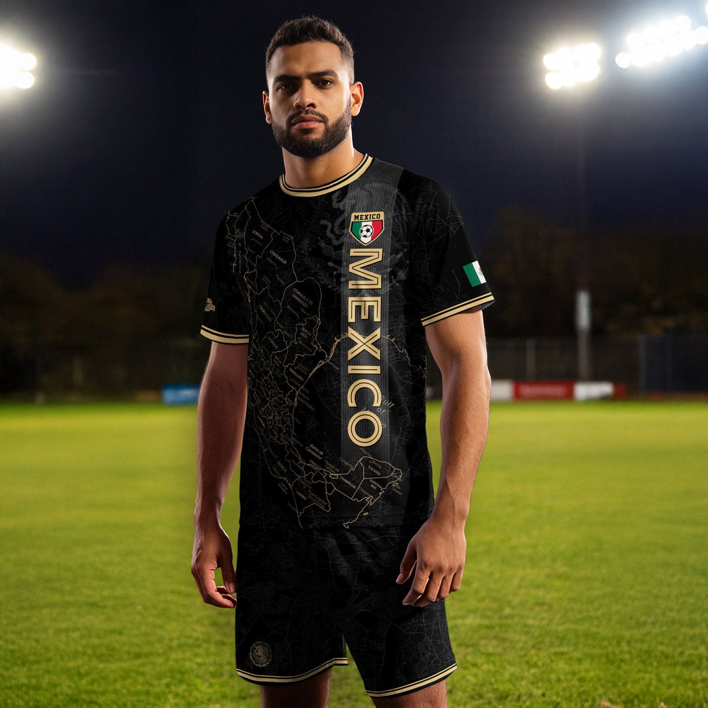 Mexico Black Heritage Map Soccer Jersey with Golden Aztec Accents