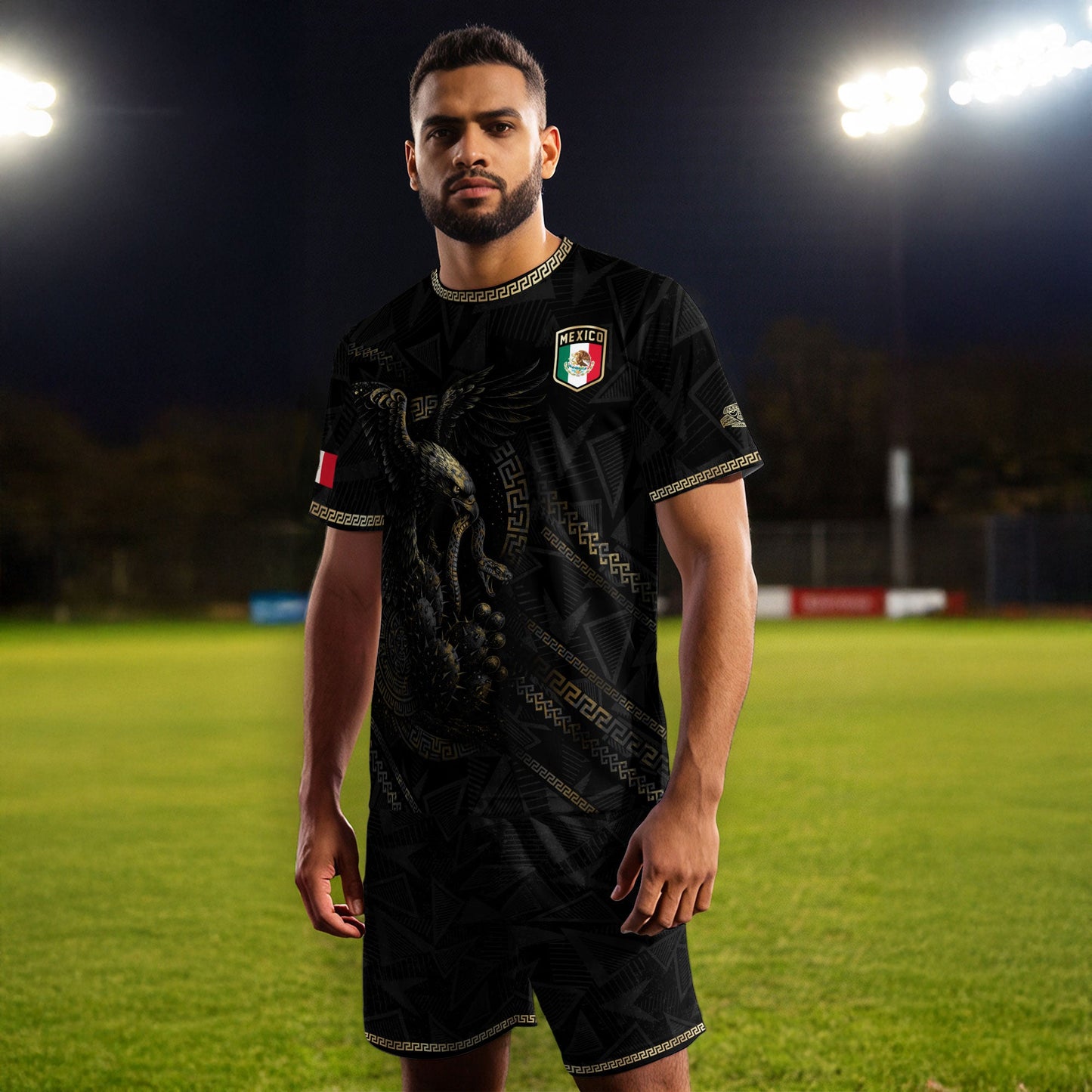 Mexico Soccer Jersey Black Aztec Eagle and Serpent Design