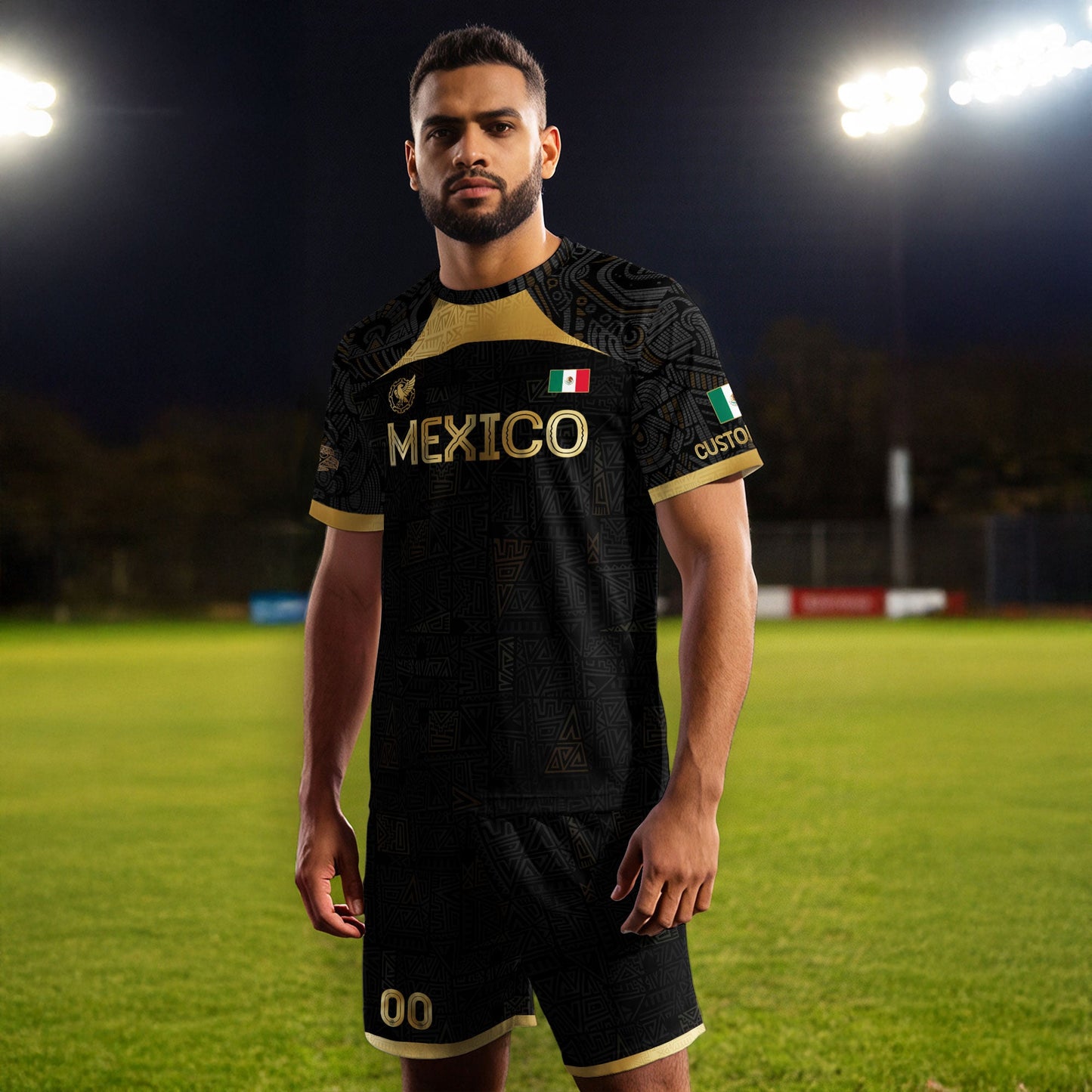 Custom Mexico Black Gold Soccer Jersey with Aztec Warrior Pattern
