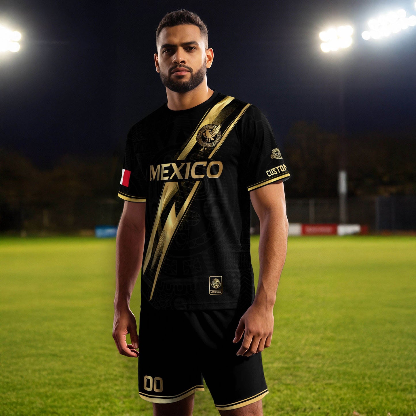 Custom Mexico Black Gold Soccer Jersey with Heritage Map Stripe Design