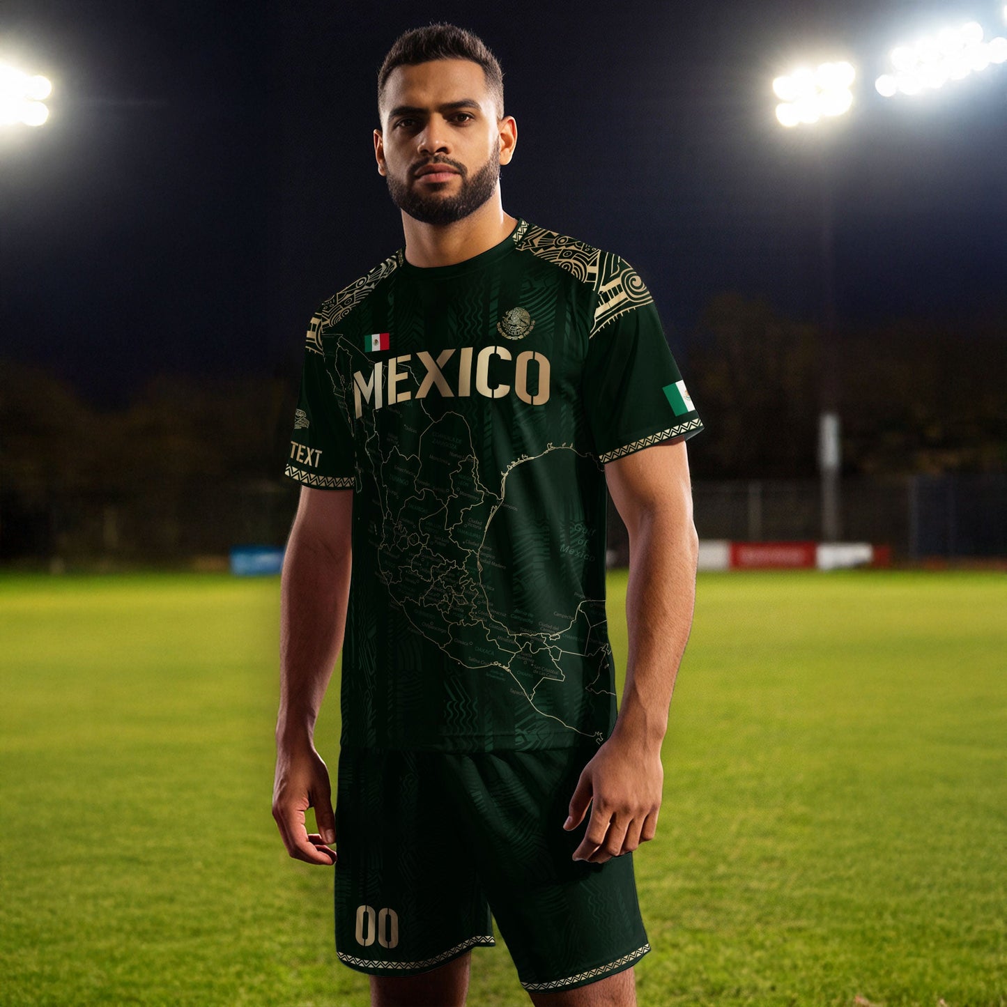 Custom Mexico Green Gold Map Aztec Heritage Soccer Jersey