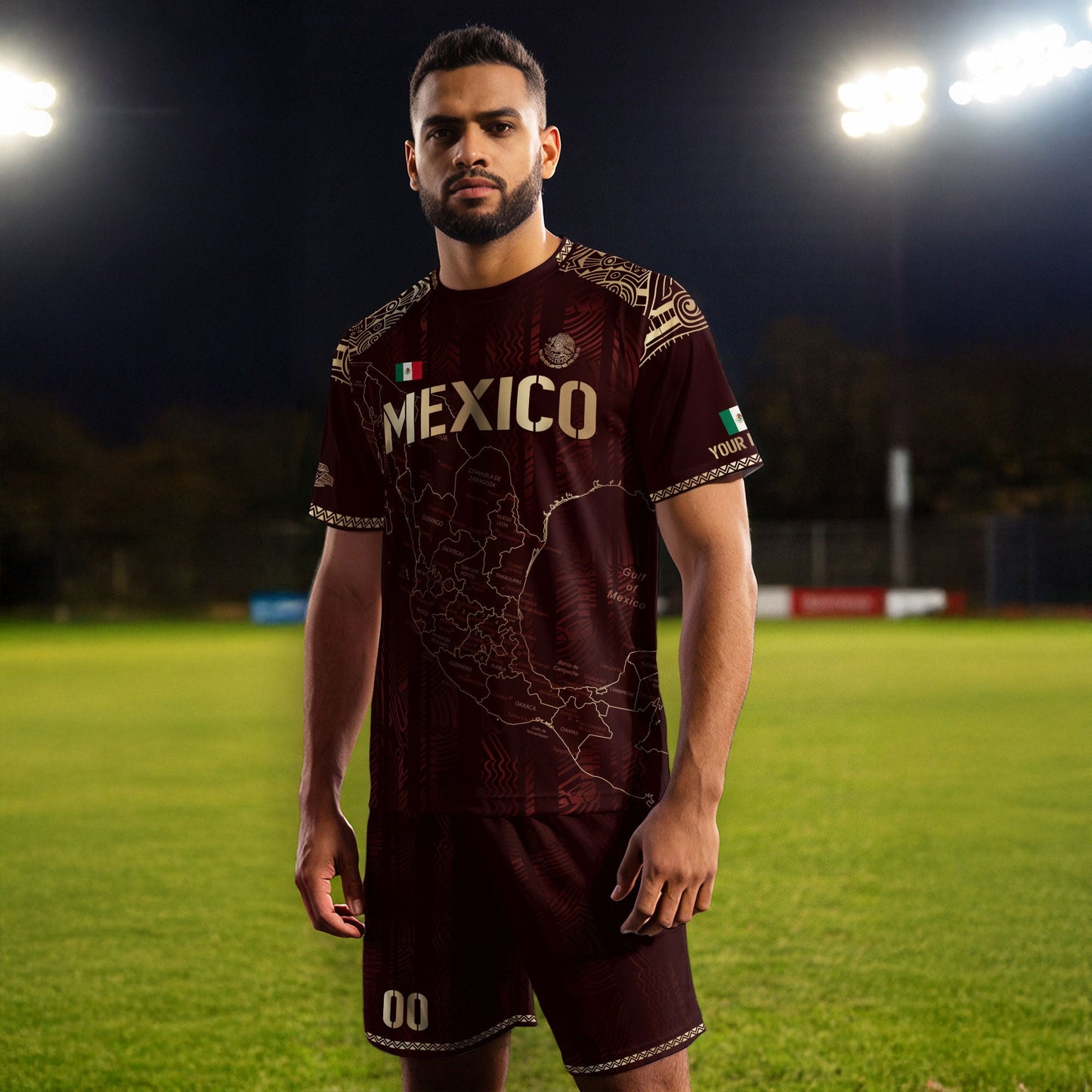 Custom Mexico Burgundy Soccer Jersey with Golden Aztec Map Design