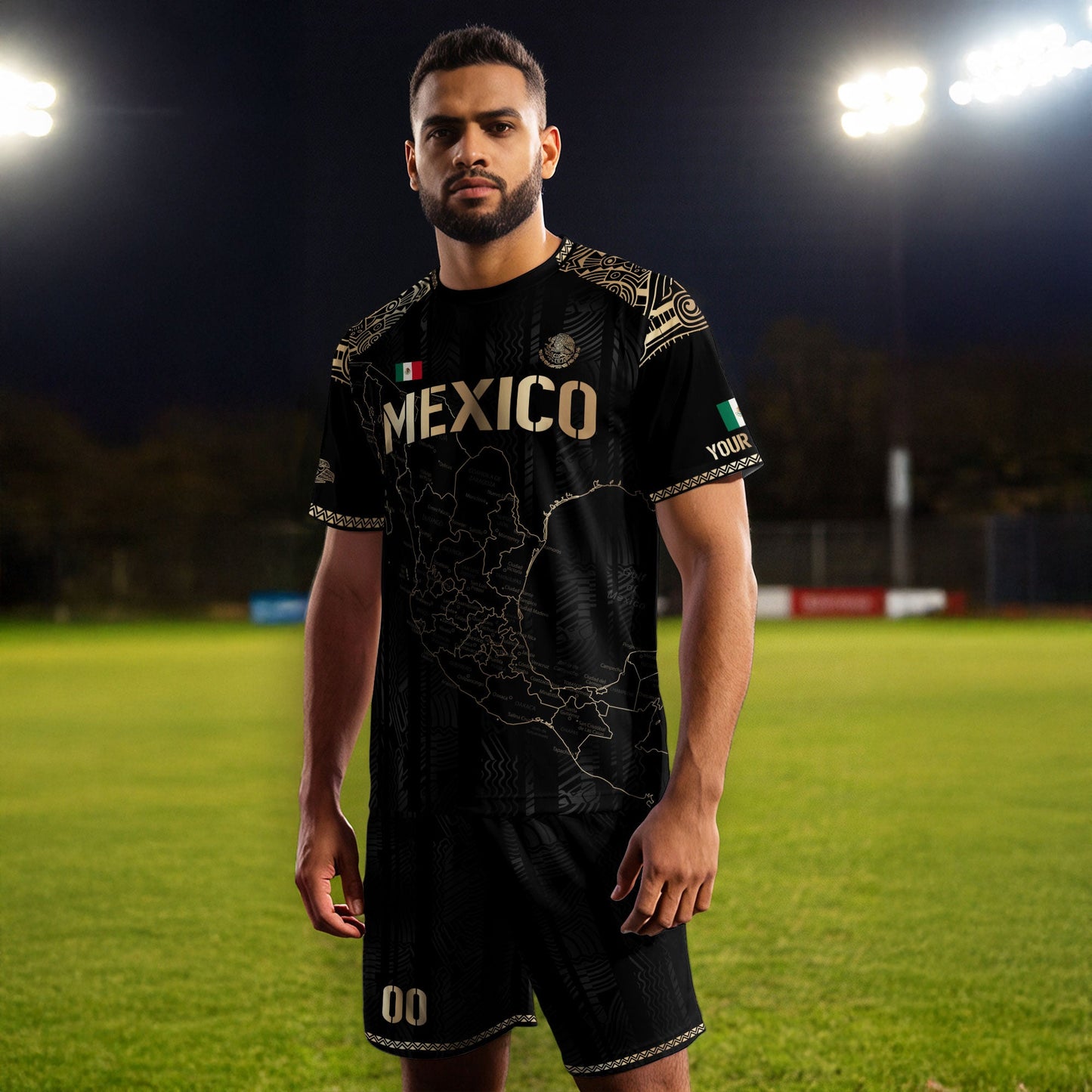 Custom Mexico Black Gold Soccer Jersey with Heritage Map and Aztec Details