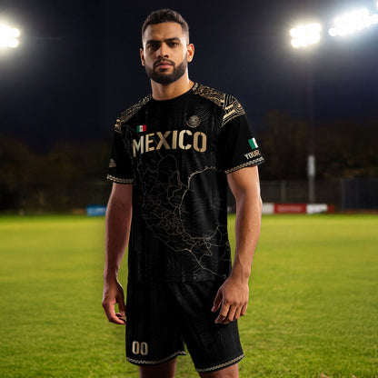 Custom Mexico Black Gold Soccer Jersey with Heritage Map and Aztec Details