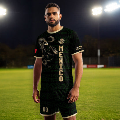 Custom Mexico Soccer Jersey Black Gold Aztec Eagle Design