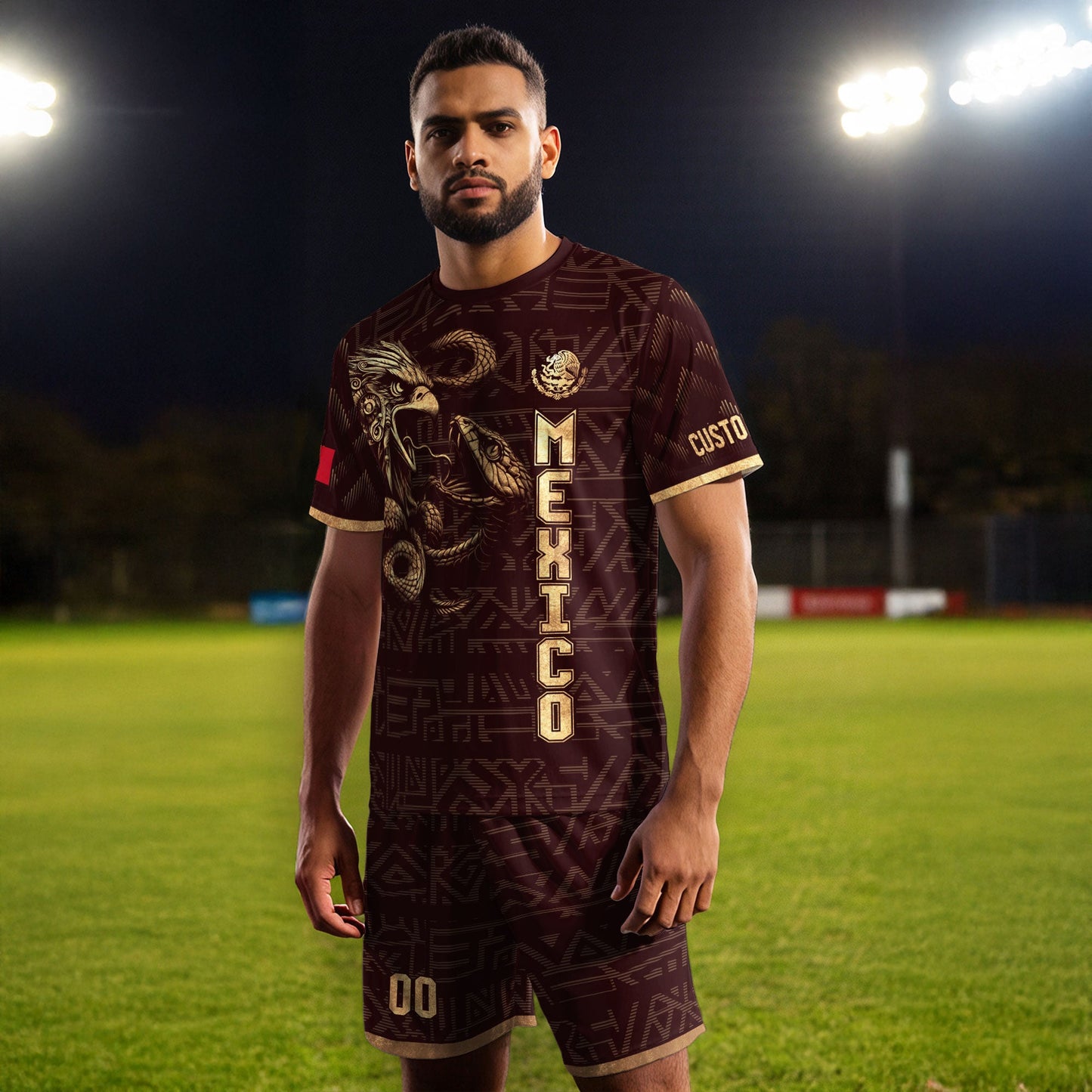 Custom Mexico Soccer Jersey Burgundy Gold Aztec Eagle Design