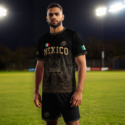 Mexico Soccer Jersey Black Gold Aztec Calendar Eagle Emblem Design